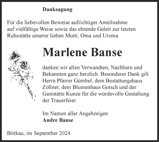 Traueranzeige von Marlene Banse von Volksstimme Altmark Ost
