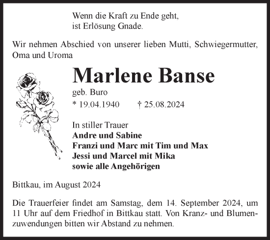Traueranzeige von Marlene Banse von Volksstimme Altmark Ost