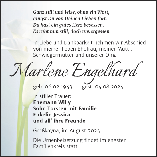 Traueranzeige von Marlene Engelhard von Trauerkombi Merseburg
