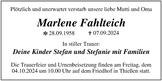 Traueranzeige von Marlene Fahlteich von Trauerkombi Wittenberg