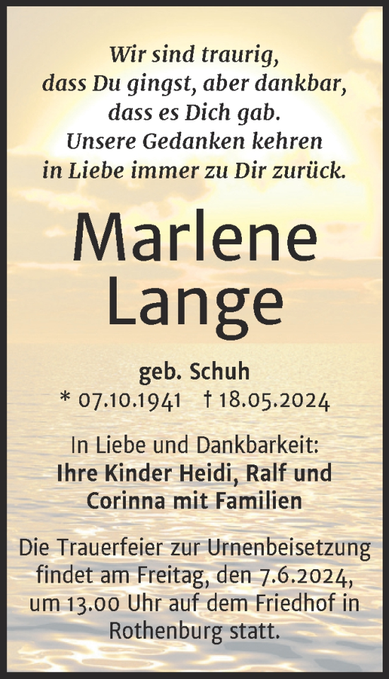 Traueranzeige von Marlene Lange 