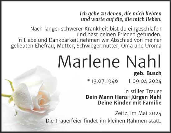 Traueranzeige von Marlene Nahl von Trauerkombi Zeitz