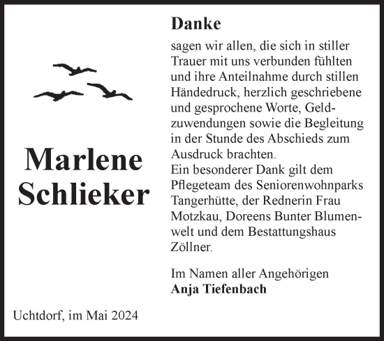 Traueranzeige von Marlene Schlieker von Volksstimme Altmark Ost