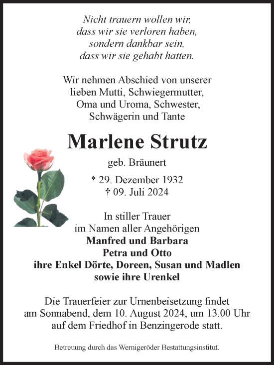 Traueranzeige von Marlene Strutz von Volksstimme Wernigerode