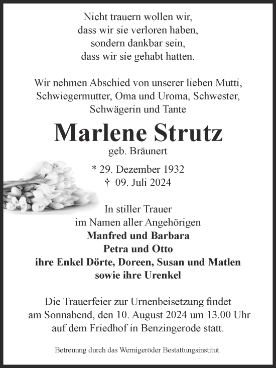 Traueranzeige von Marlene Strutz von Volksstimme Wernigerode