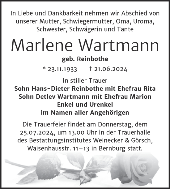 Traueranzeige von Marlene Wartmann von Trauerkombi Bernburg