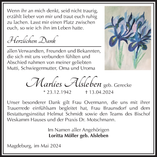 Traueranzeige von Marlies Alsleben von Volksstimme Magdeburg