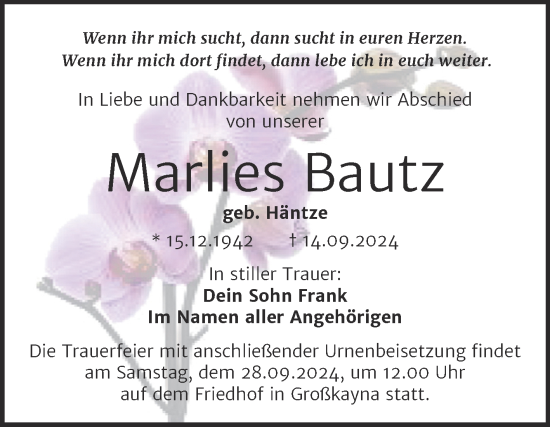 Traueranzeige von Marlies Bautz von Trauerkombi Merseburg