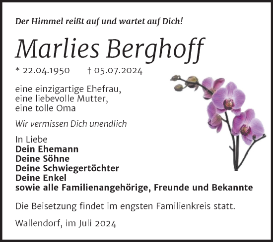 Traueranzeige von Marlies Berghoff von Trauerkombi Merseburg
