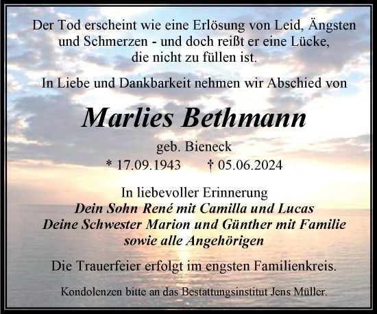 Traueranzeige von Marlies Bethmann von Trauerkombi Aschersleben
