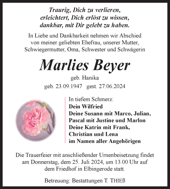 Traueranzeige von Marlies Beyer von Volksstimme Wernigerode