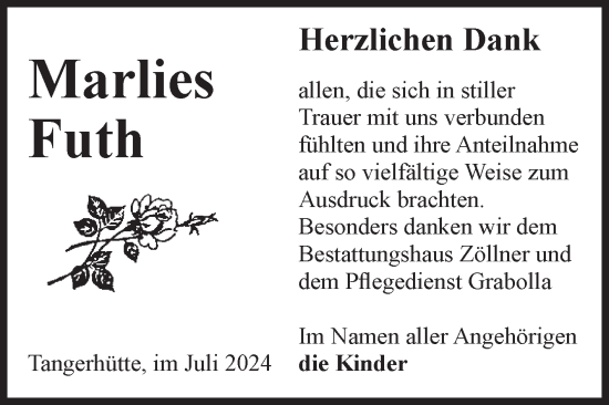 Traueranzeige von Marlies Futh von Volksstimme Altmark Ost