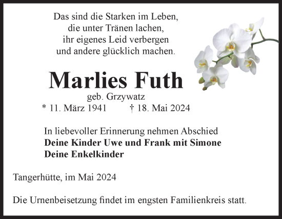 Traueranzeige von Marlies Futh von Volksstimme Altmark Ost
