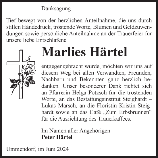 Traueranzeige von Marlies Härtel von Volksstimme Oschersleben/Wanzleben