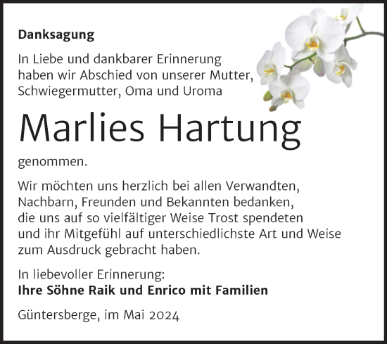 Traueranzeige von Marlies Hartung von Trauerkombi Quedlinburg