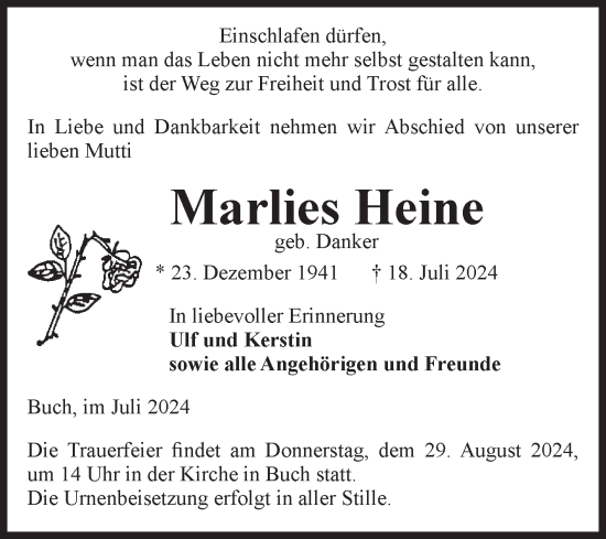 Traueranzeige von Marlies Heine von Volksstimme Altmark Ost