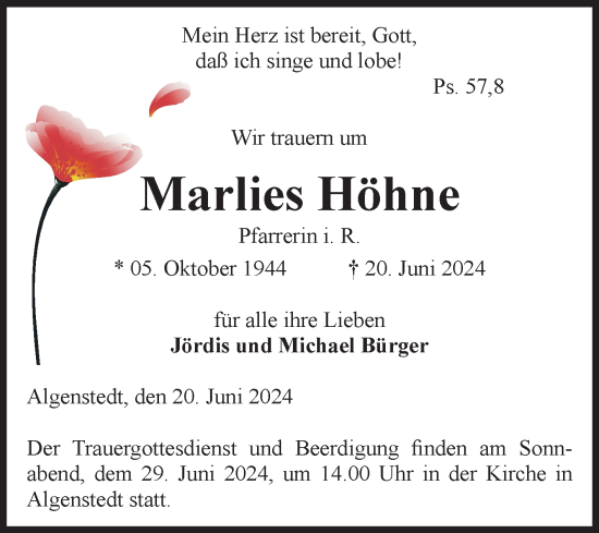 Traueranzeige von Marlies Höhne von Volksstimme Altmark Ost