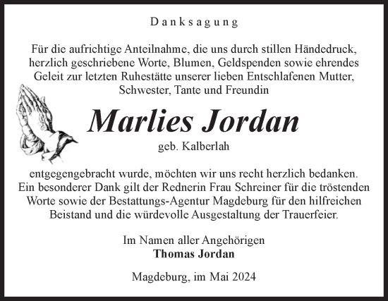 Traueranzeige von Marlies Jordan von Volksstimme Magdeburg