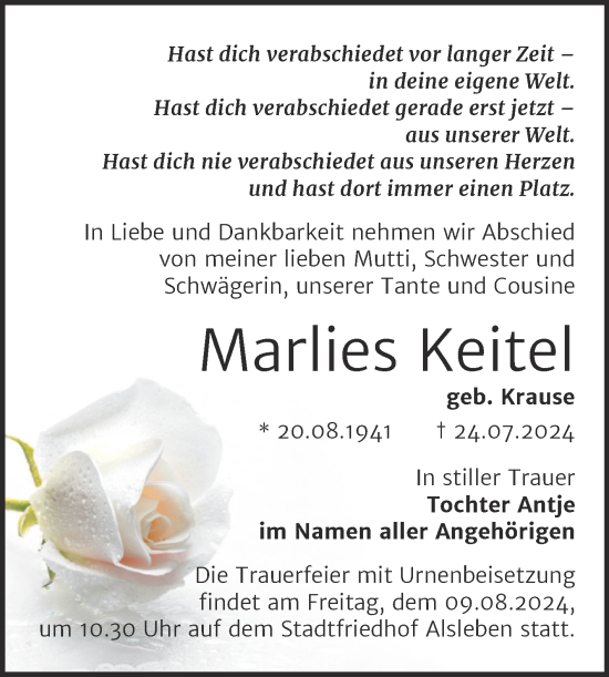 Traueranzeige von Marlies Keitel von Trauerkombi Bernburg