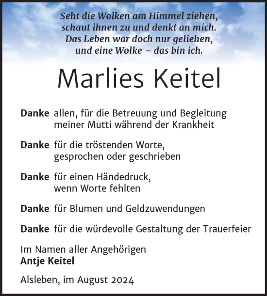 Traueranzeige von Marlies Keitel von Trauerkombi Bernburg