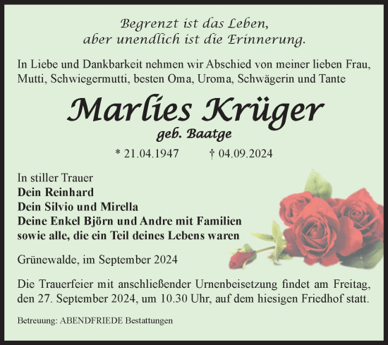 Traueranzeige von Marlies Krüger von Volksstimme Schönebeck