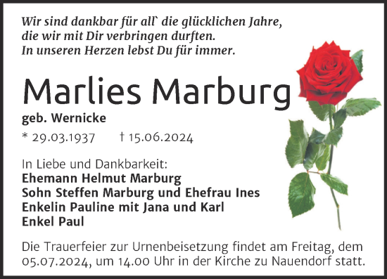 Traueranzeige von Marlies Marburg von Mitteldeutsche Zeitung Halle/Saalkreis