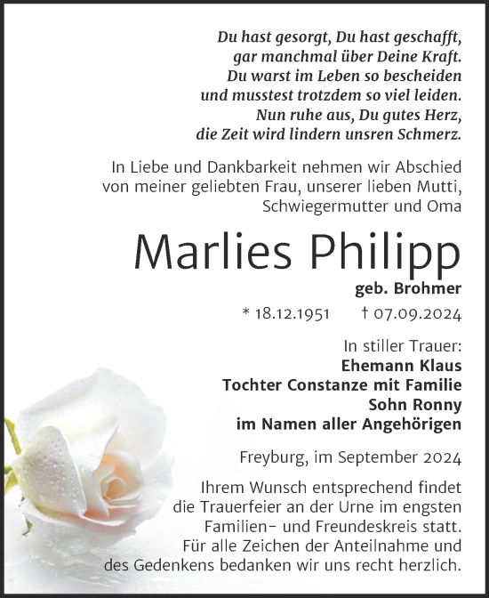 Traueranzeige von Marlies Philipp von Naumburger Tageblatt