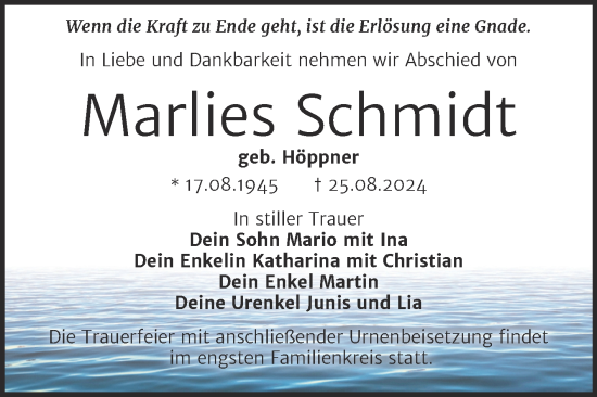 Traueranzeige von Marlies Schmidt von Trauerkombi Bitterfeld