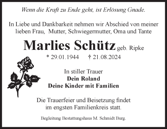 Traueranzeige von Marlies Schütz von Volksstimme Burg/Genthin