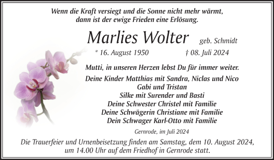 Traueranzeige von Marlies Wolter von Trauerkombi Quedlinburg