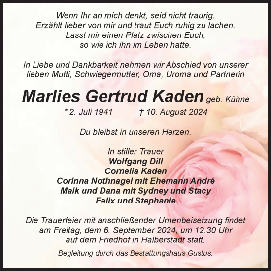 Traueranzeige von Marlies Gertrud Kaden von Volksstimme Halberstadt