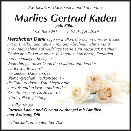 Traueranzeige von Marlies Gertrud Kaden von Volksstimme Halberstadt