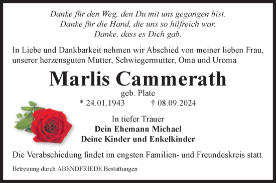 Traueranzeige von Marlis Cammerath von Volksstimme Magdeburg