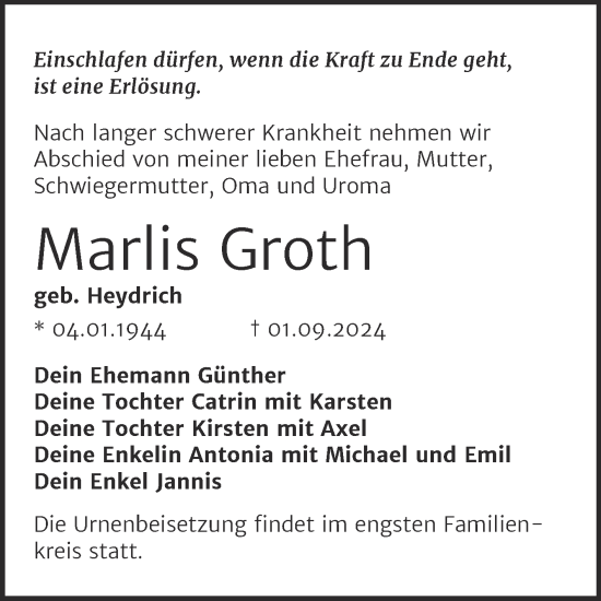 Traueranzeige von Marlis Groth von Trauerkombi Wittenberg