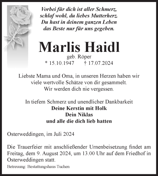 Traueranzeige von Marlis Haidl von Volksstimme Oschersleben/Wanzleben