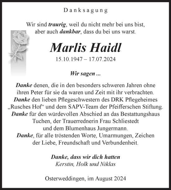 Traueranzeige von Marlis Haidl von Volksstimme Oschersleben/Wanzleben