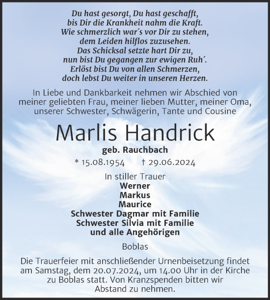 Traueranzeige von Marlis Handrick von Naumburger Tageblatt