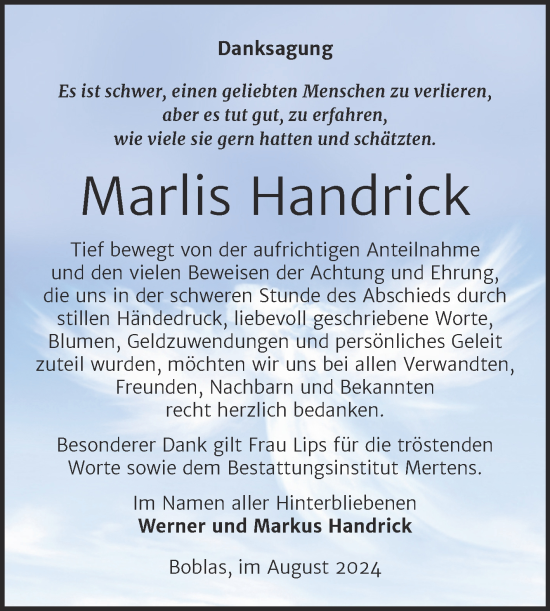 Traueranzeige von Marlis Handrick von Naumburger Tageblatt