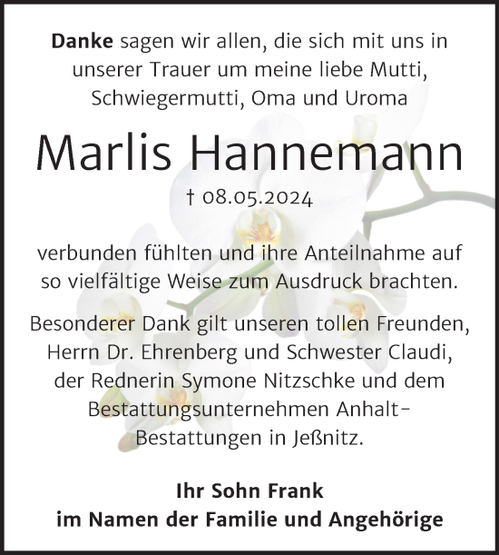 Traueranzeige von Marlis Hannemann von Trauerkombi Bitterfeld