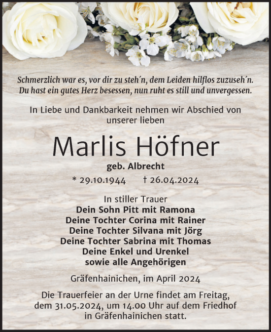 Traueranzeige von Marlis Höfner von Trauerkombi Wittenberg