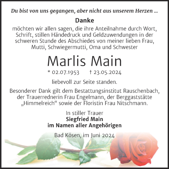 Traueranzeige von Marlis Main von Super Sonntag Naumburg/Nebra