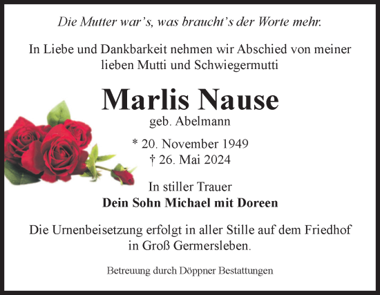 Traueranzeige von Marlis  Nause  von Volksstimme Oschersleben/Wanzleben