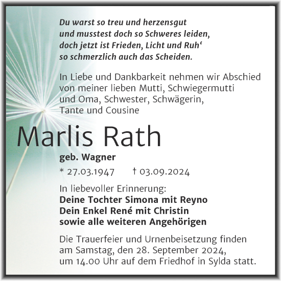 Traueranzeige von Marlis Rath von Trauerkombi Mansfelder Land