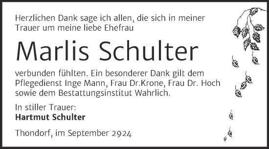 Traueranzeige von Marlis Schulter von Trauerkombi Mansfelder Land