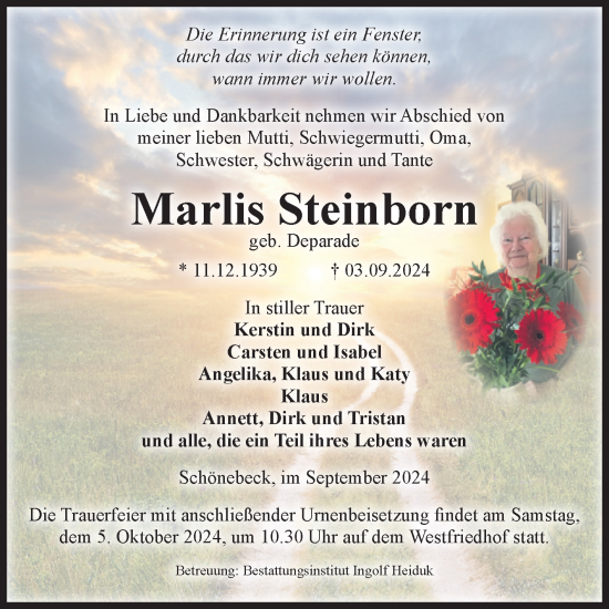 Traueranzeige von Marlis Steinborn von Volksstimme Schönebeck