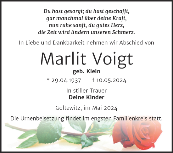 Traueranzeige von Marlit Voigt von Trauerkombi Wittenberg