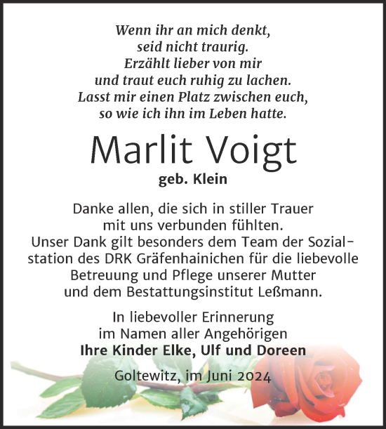 Traueranzeige von Marlit Voigt von Trauerkombi Wittenberg