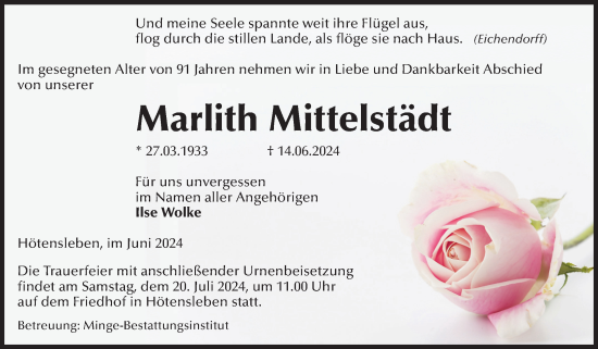 Traueranzeige von Marlith Mittelstädt von Volksstimme Oschersleben/Wanzleben