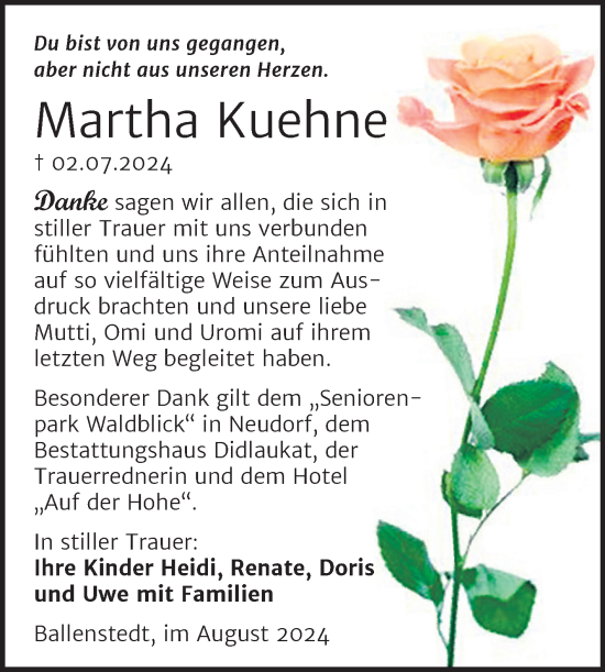 Traueranzeige von Martha Kuehne von Trauerkombi Quedlinburg