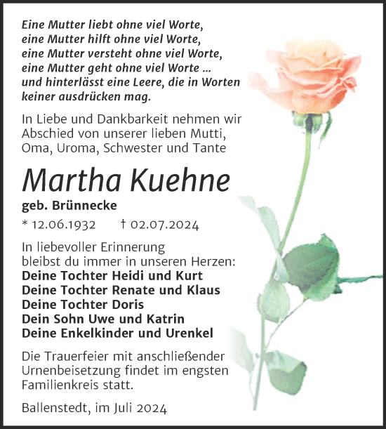 Traueranzeige von Martha Kuehne von Trauerkombi Quedlinburg